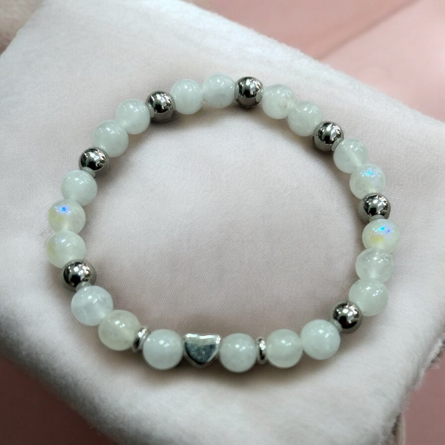 Edelstein Mondstein Armband mit Herz, auch als Mama & Kids Armband