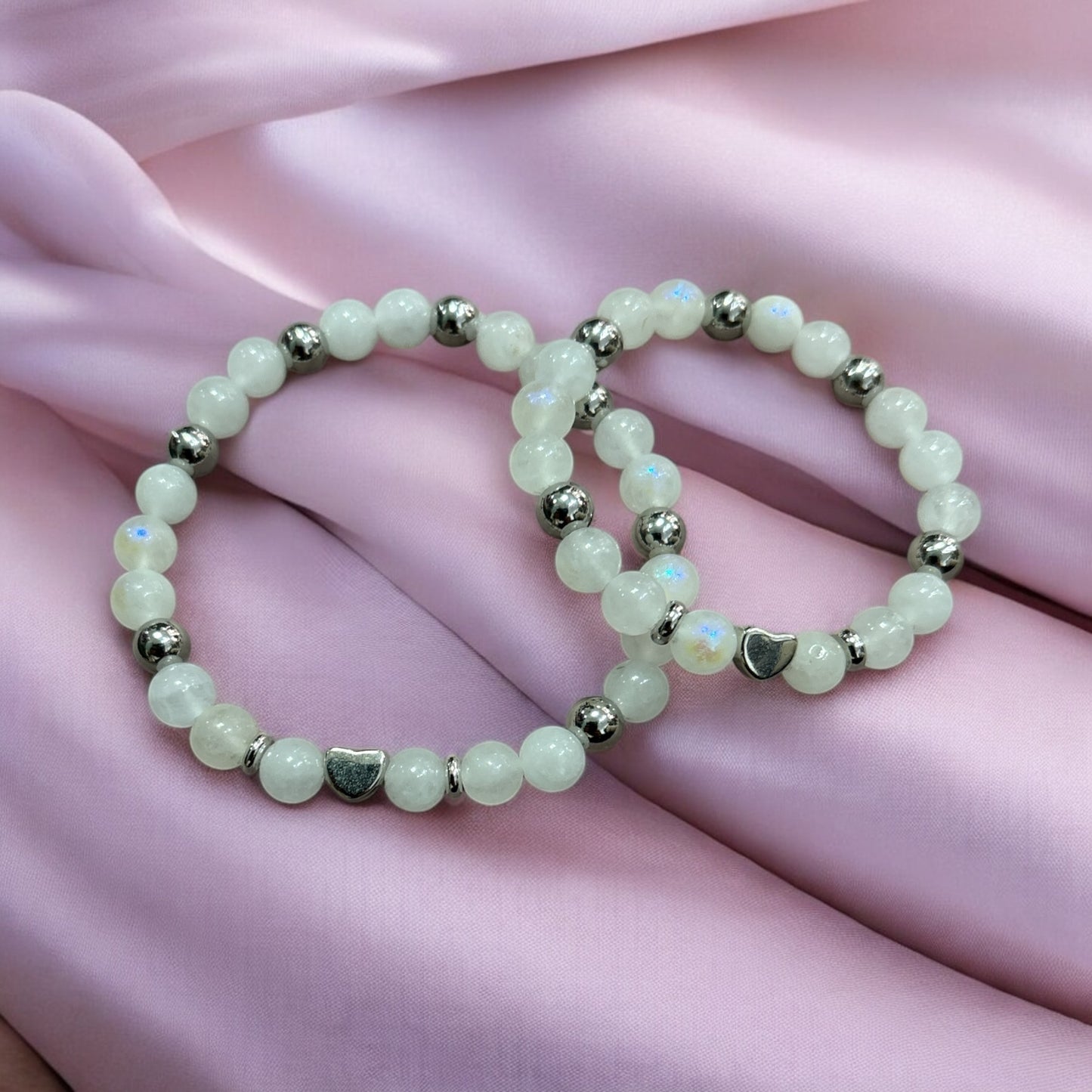 Edelstein Mondstein Armband mit Herz, auch als Mama & Kids Armband