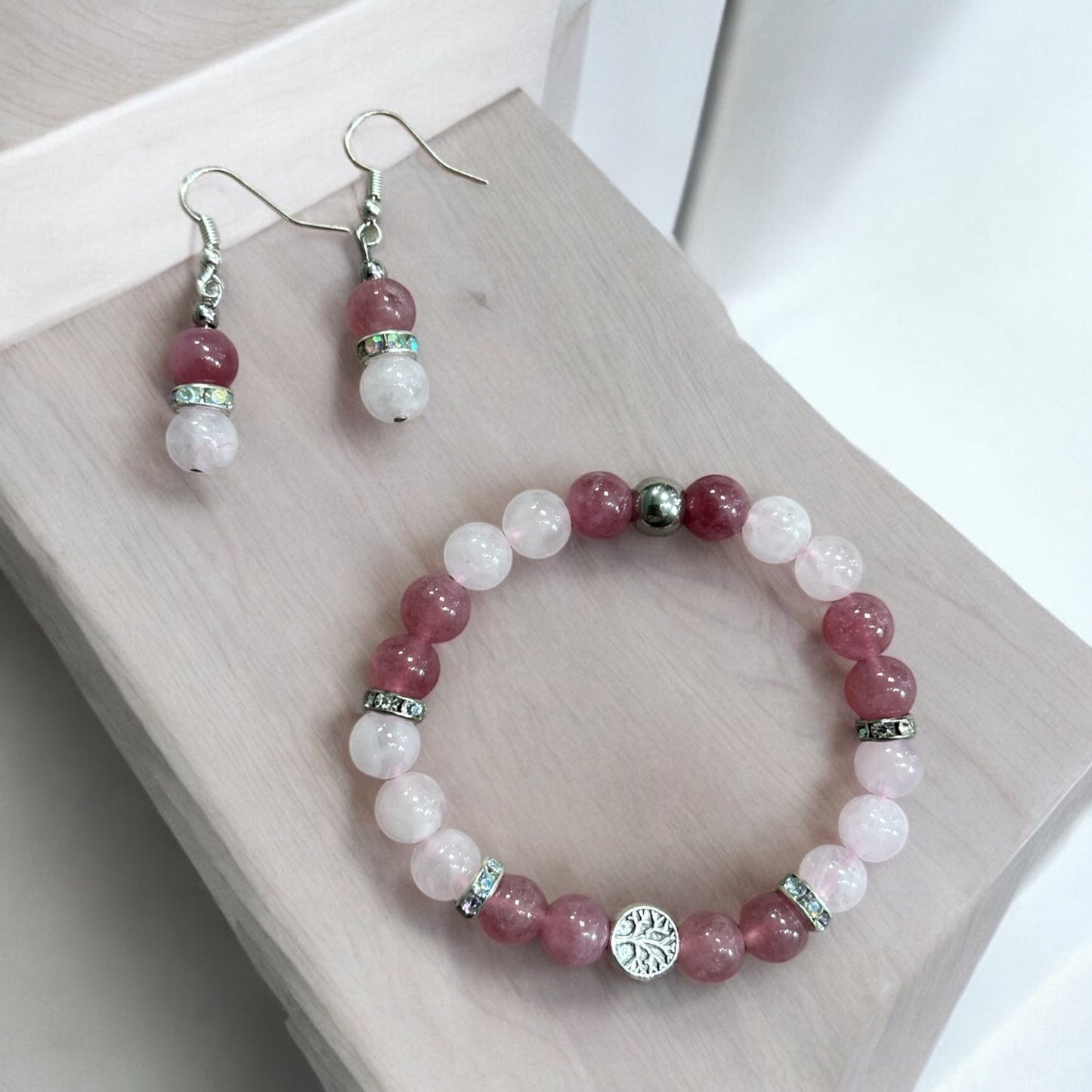 Edelstein Rosenquarz/ Erdbeerquarz Armband mit Ohrringen oder einzeln
