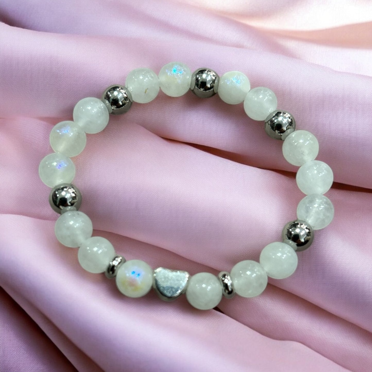Edelstein Mondstein Armband mit Herz, auch als Mama & Kids Armband