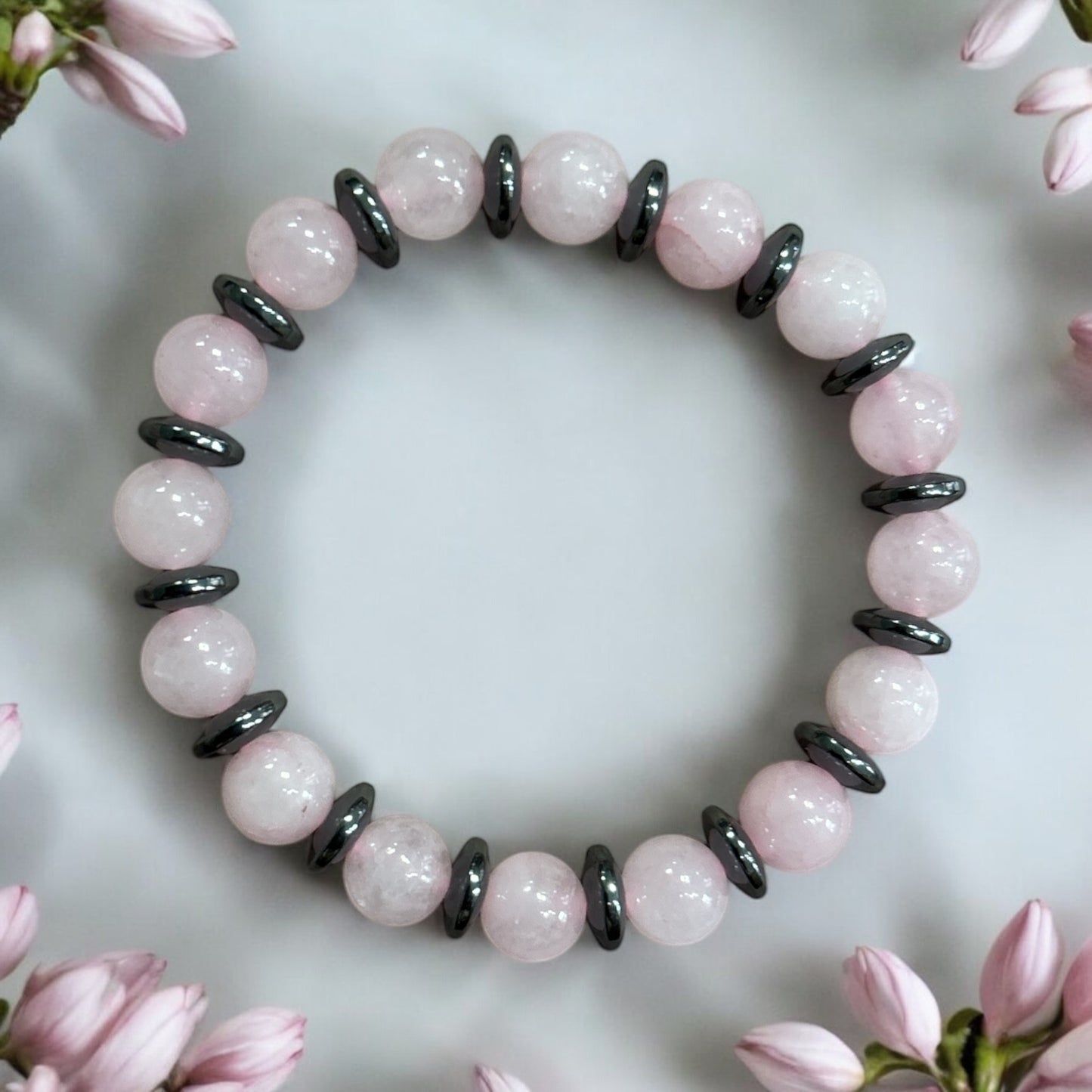 Edelstein Rosenquarz/ Hämatit Armband mit Ohrringe oder einzeln