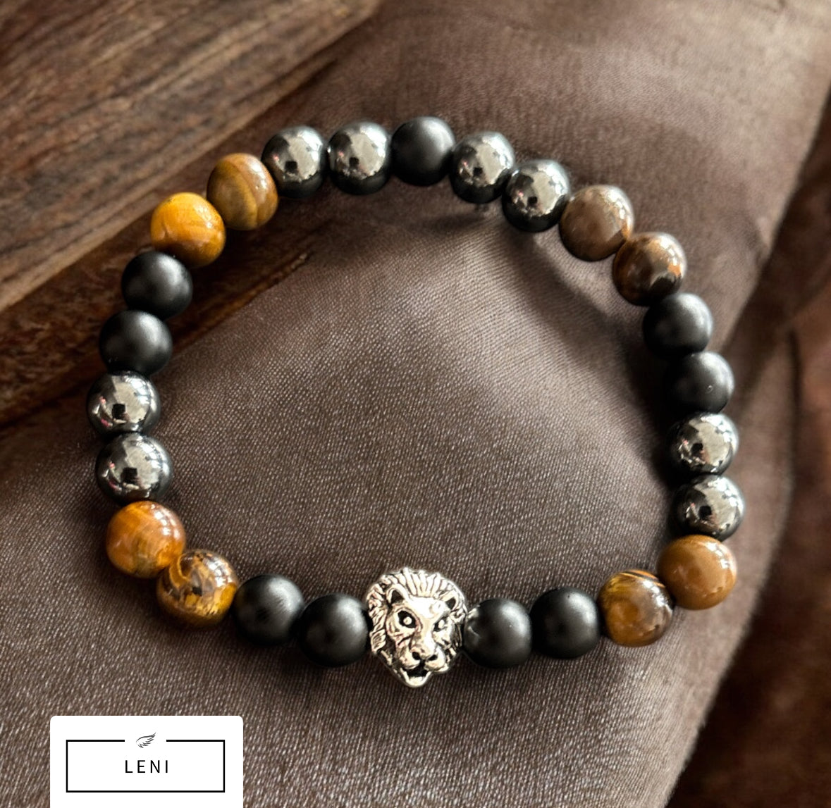 Edelstein Obsidian, Tigerauge und Hämatit Armband mit Löwe