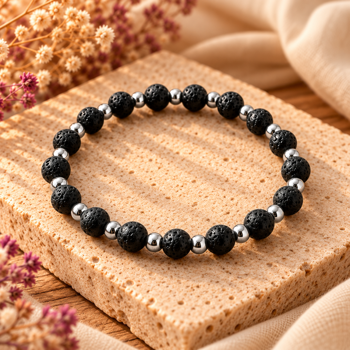 Armband Lavastein mit silberfarbenen Hämatitperlen