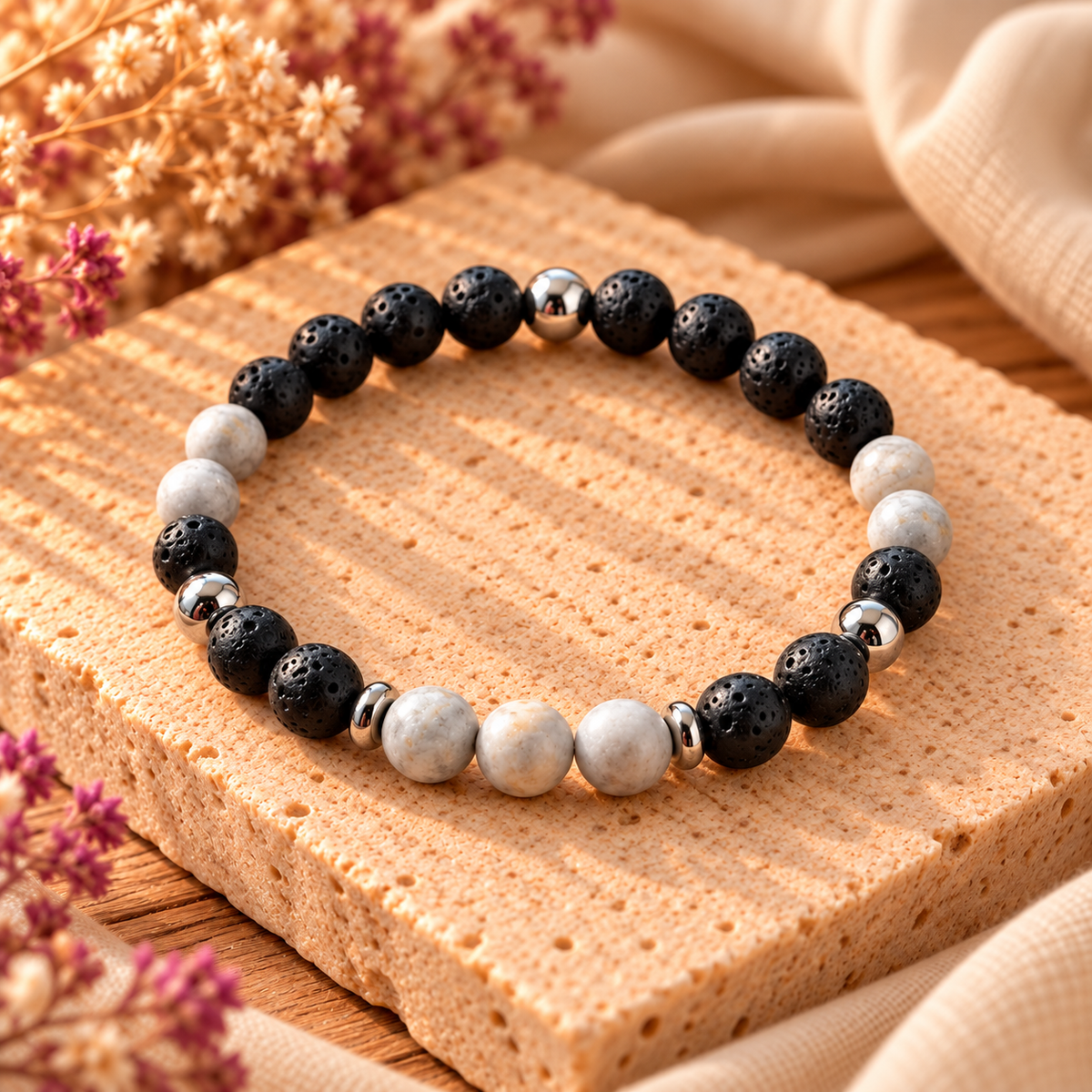 Armband Lavastein & Labradorit mit silberfarbenen Edelstahldetails