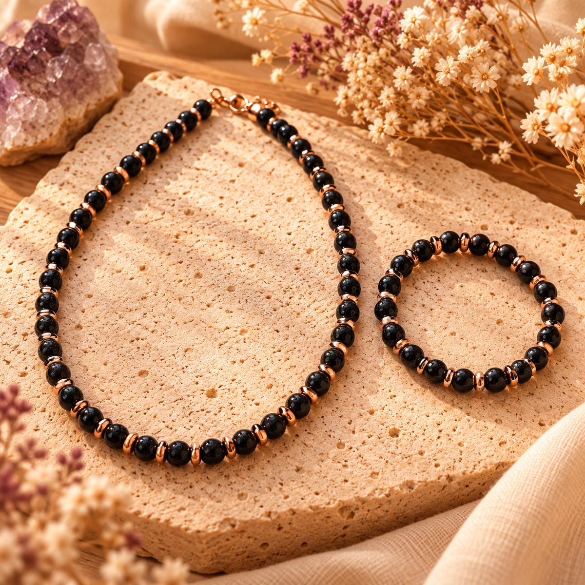 Schmuckset Goldschwarzer Obsidian & Hämatit – Kette und Armband