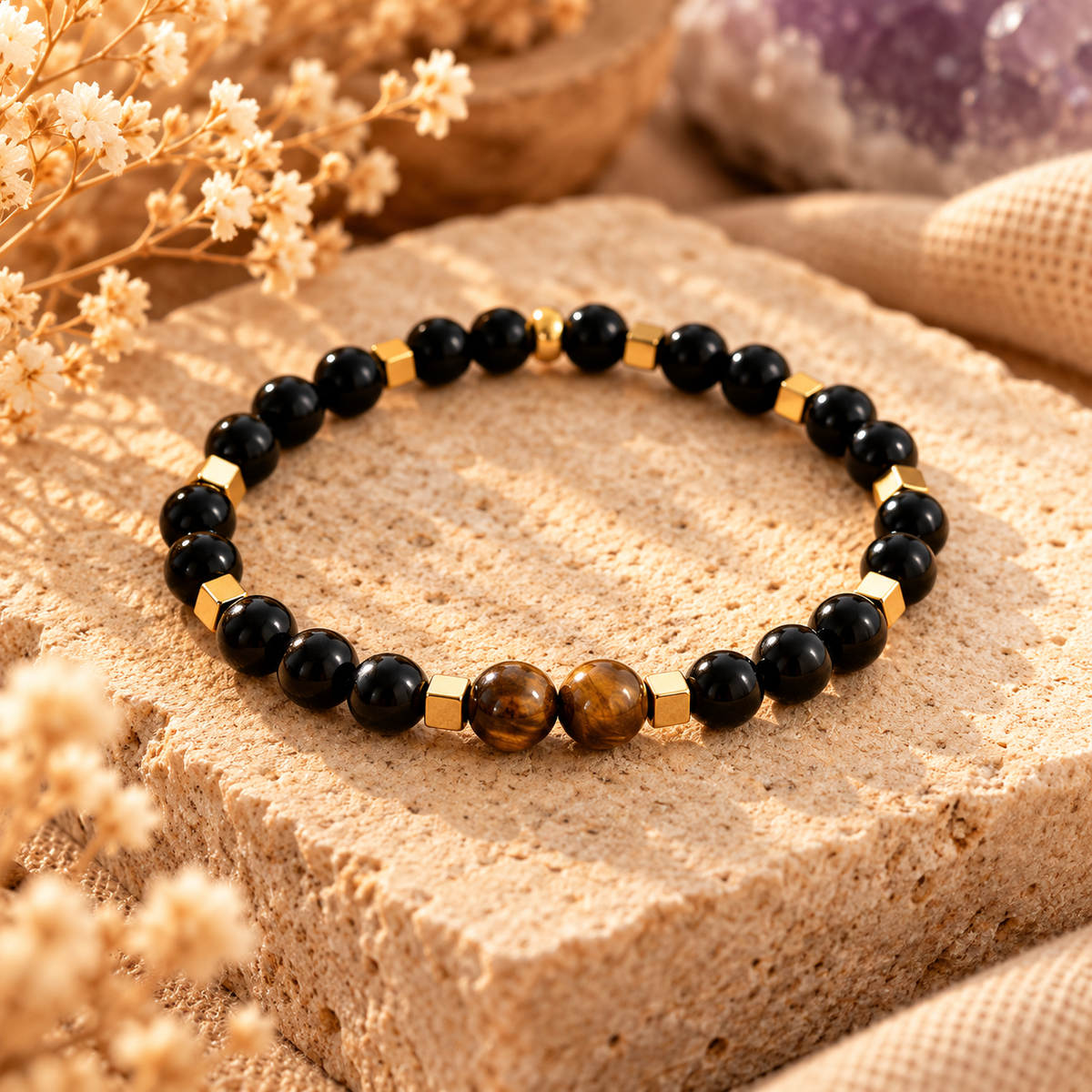 Armband Obsidian mit Tigerauge & goldfarbenen Hämatit-Cubes