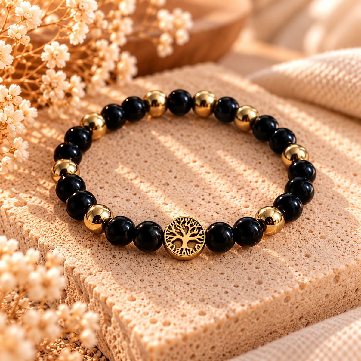Armband Onyx mit goldenem Baum des Lebens & Hämatit