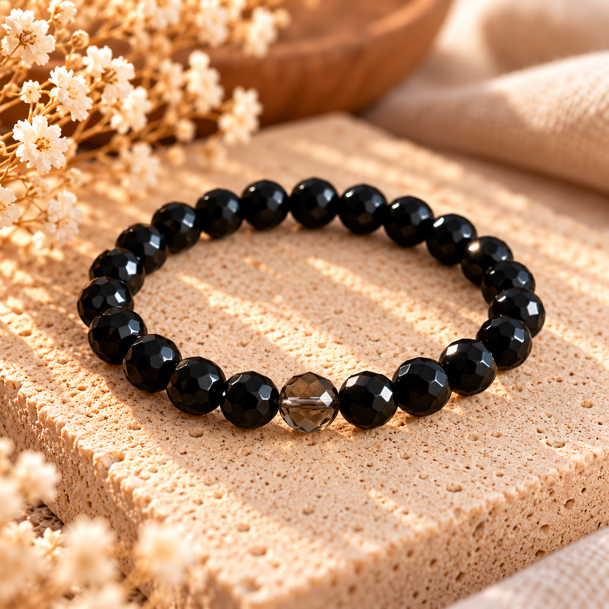 Armband Onyx facettiert mit Rauchquarz Perle