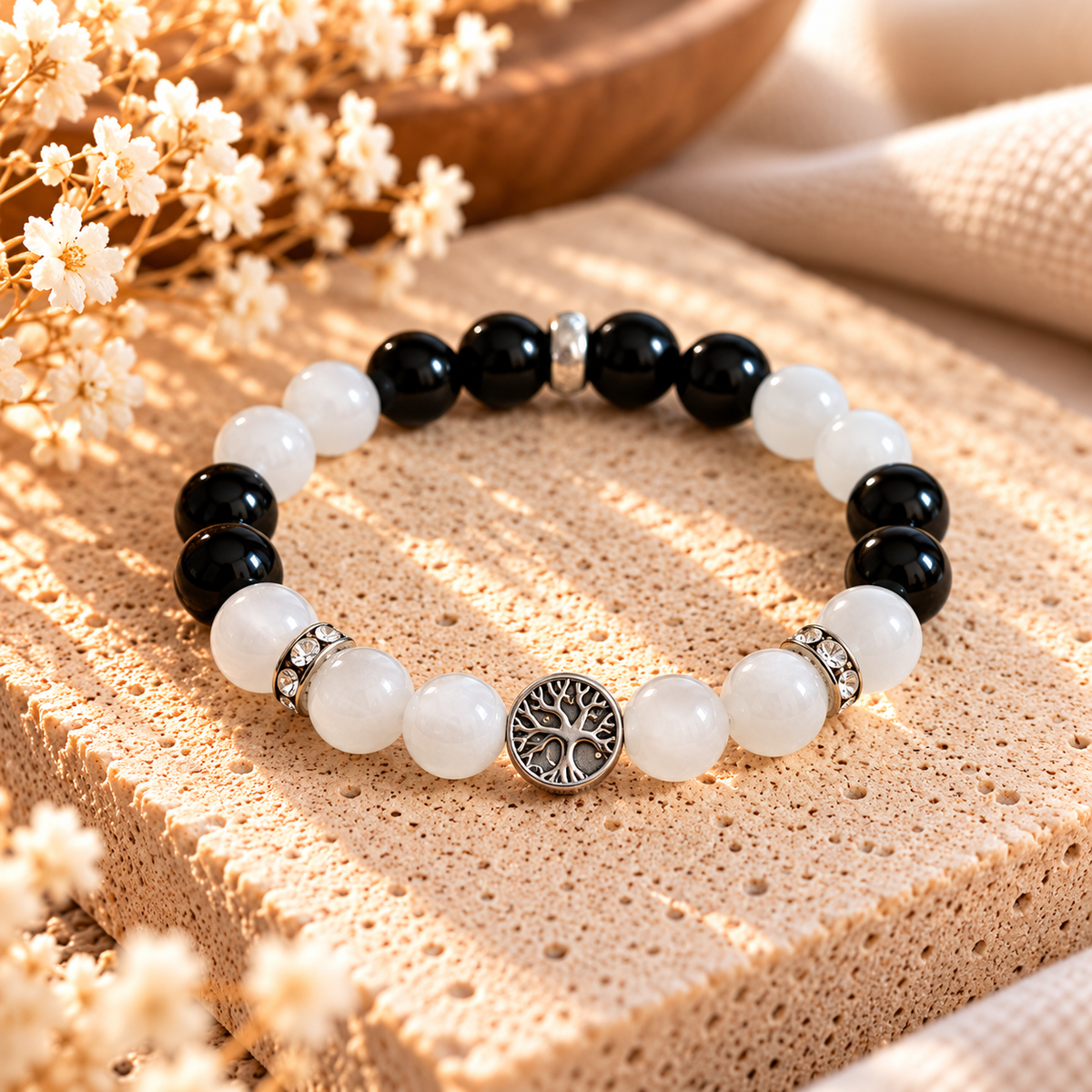 Armband Onyx & Chalcedon mit Baum des Lebens silberfarben