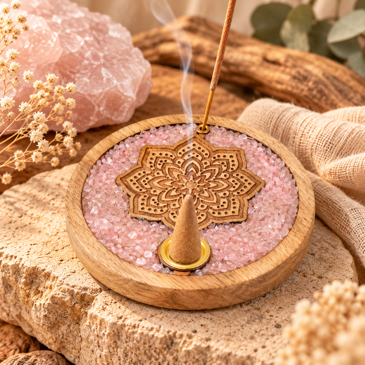Räucherstäbchen- & Räucherkegelhalter – Mandala mit Rosenquarz