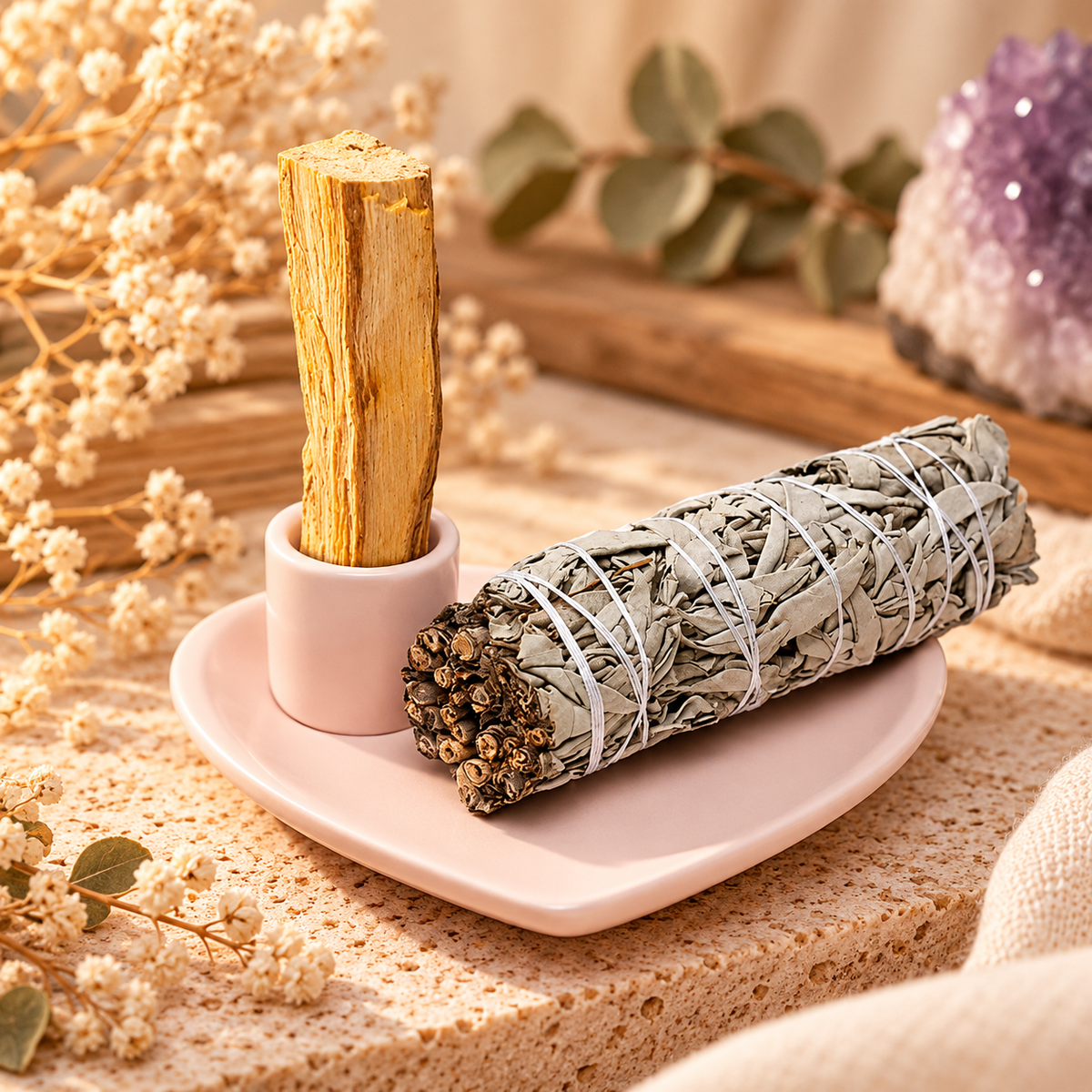 Smudgeschale Herz mit Palo-Santo-Halter – Keramik in Pastellrosa