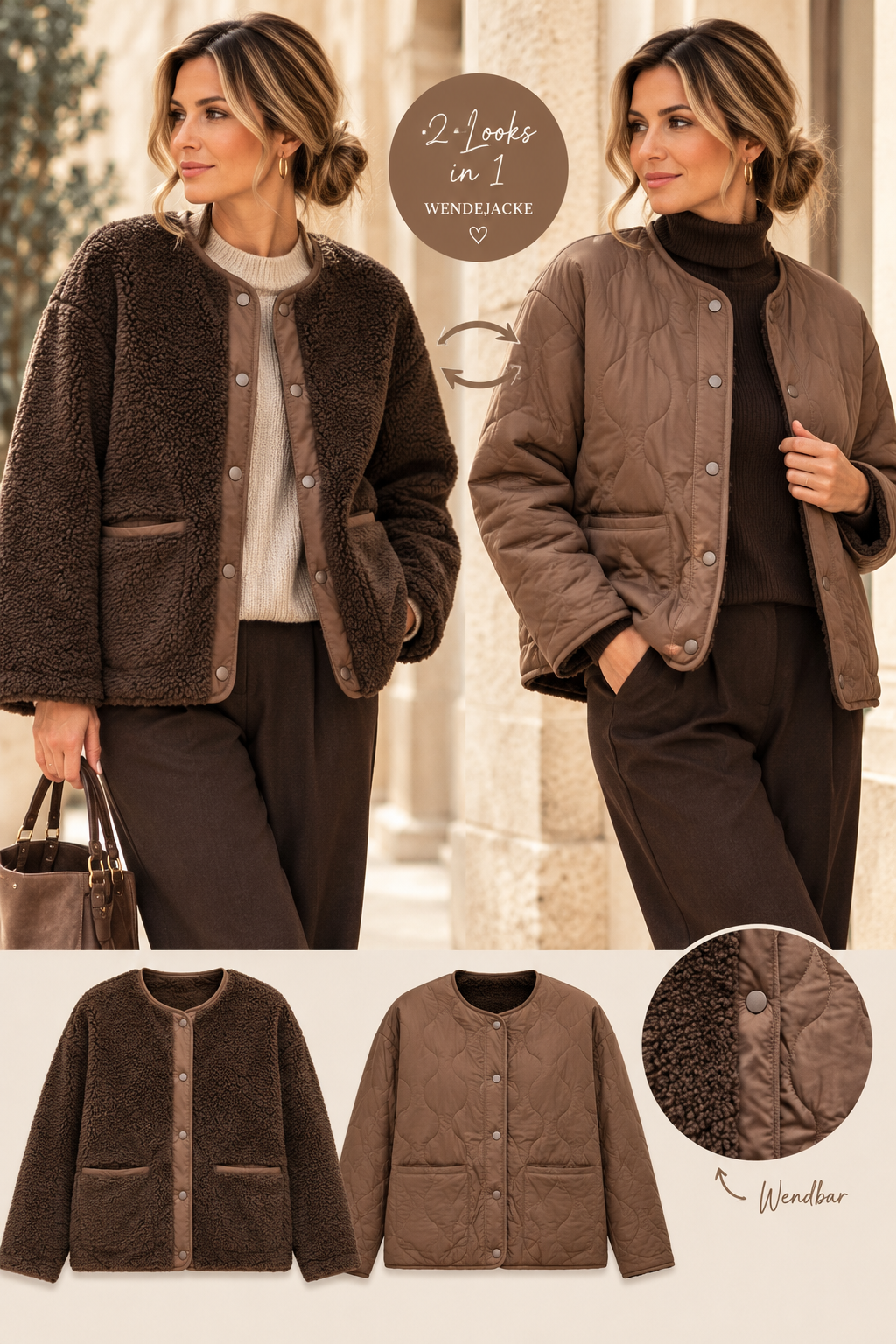 Kuschelige Wendejacke – Teddyfell & Steppoptik | Mocca-Braun