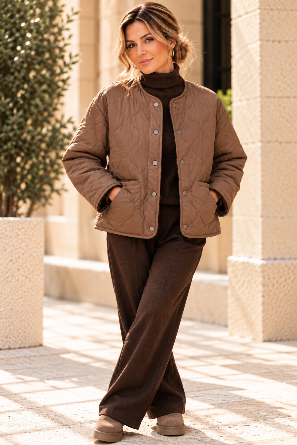 Kuschelige Wendejacke – Teddyfell & Steppoptik | Mocca-Braun