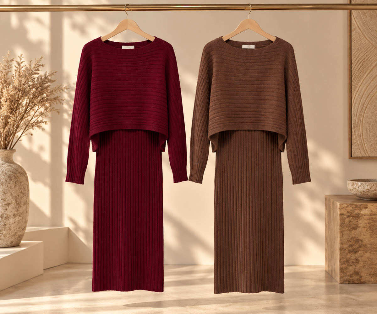Elegantes Strick-Zweiteiler-Set mit Rock – Bordeaux & Braun