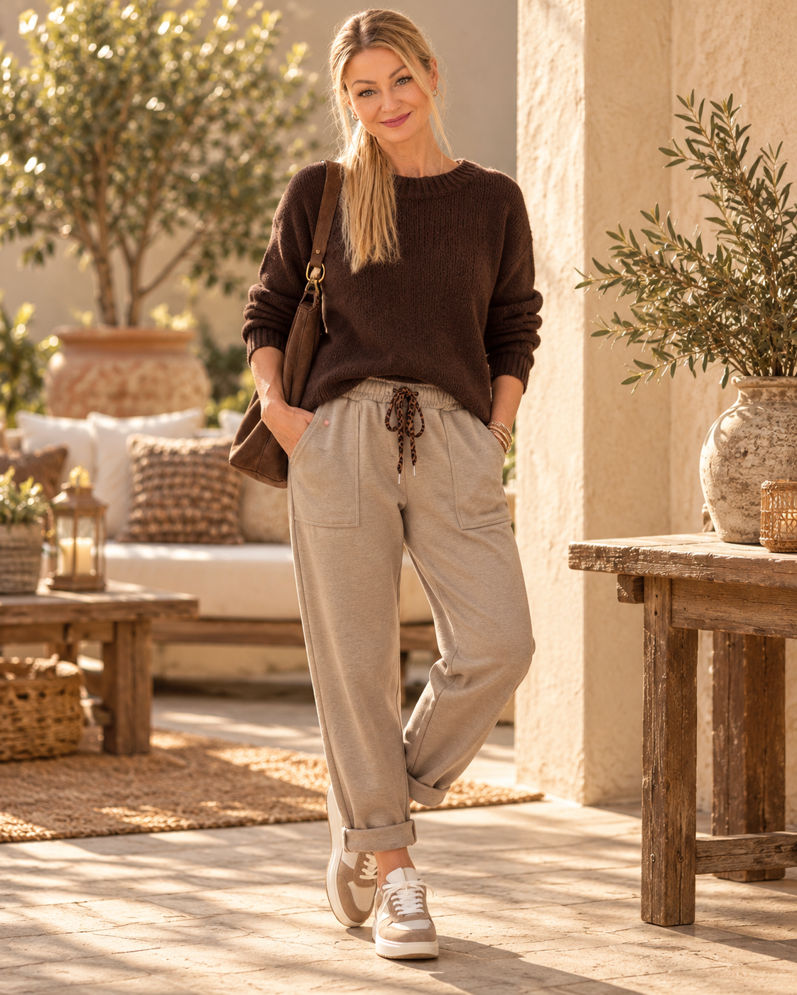 Kuschelige Schlupfhose mit Leo-Bindeband – Beige & Schwarz 🤎