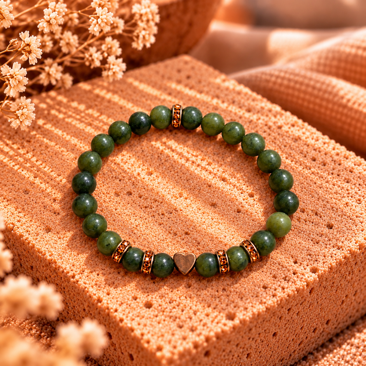Armband Jade grün and mit roségoldfarbenem Herz & Strassrondellen