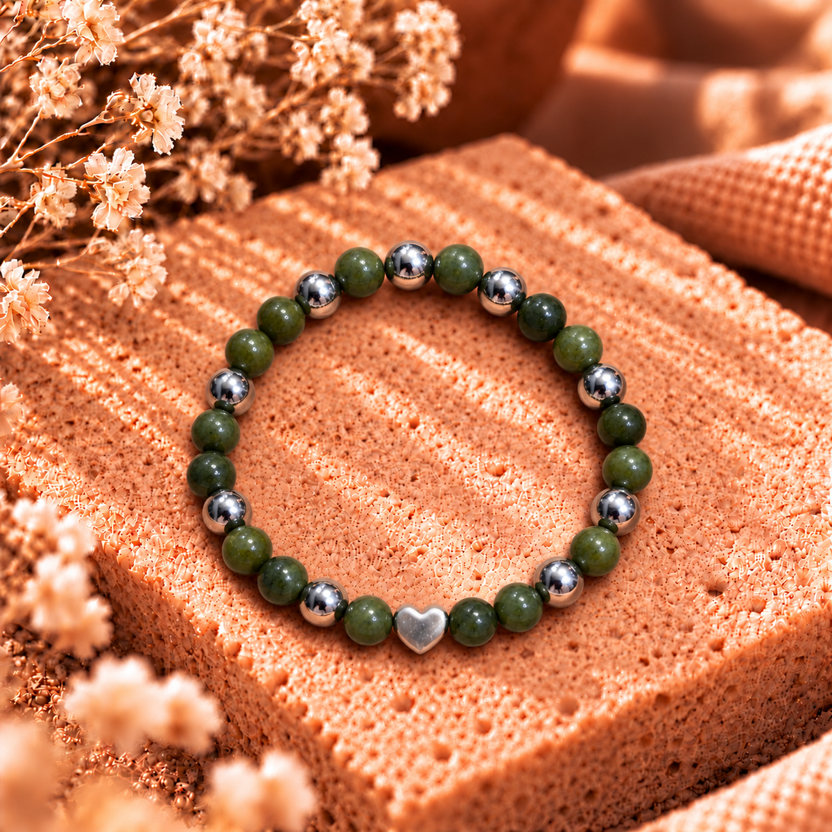 Armband Jade grün & silberfarbener Hämatit mit Herz