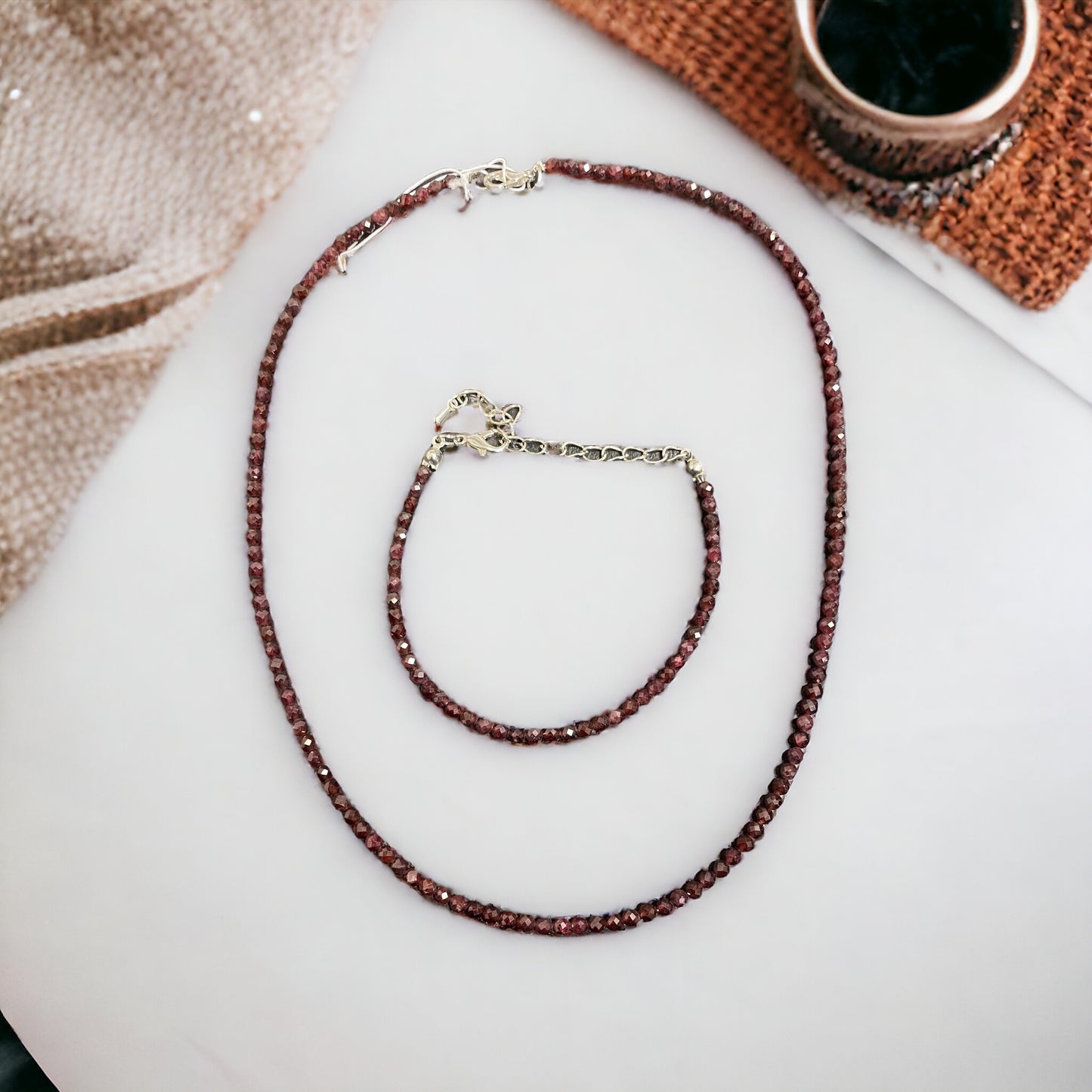 Edelstein Granat facettiert Kette und Armband Set oder einzeln