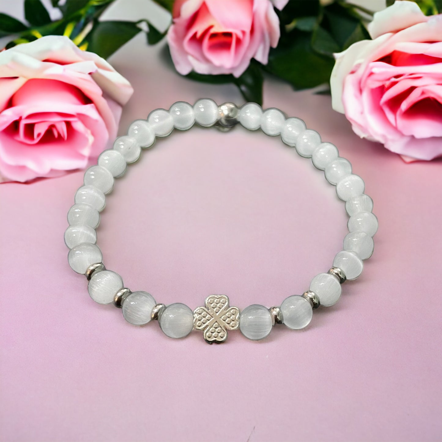 Edelstein Jade weiß Armband mit Klee
