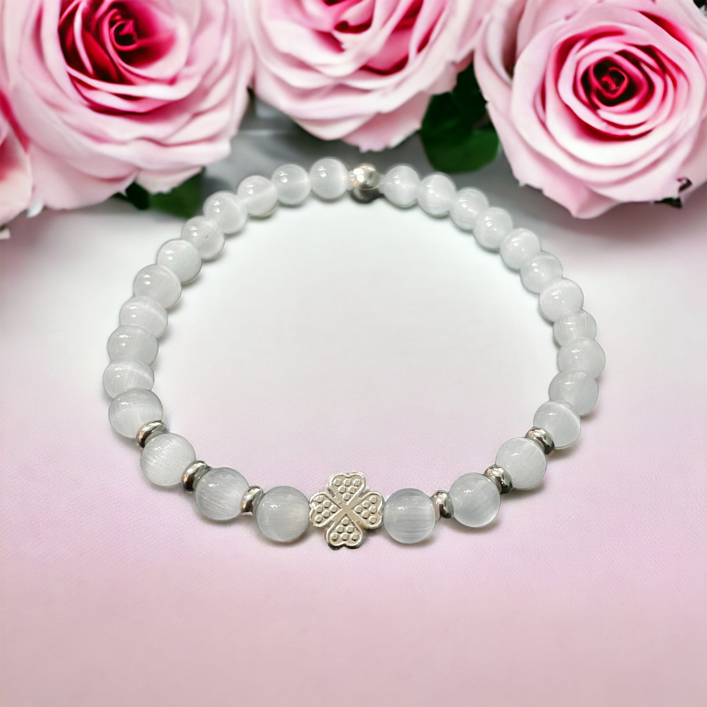 Edelstein Jade weiß Armband mit Klee