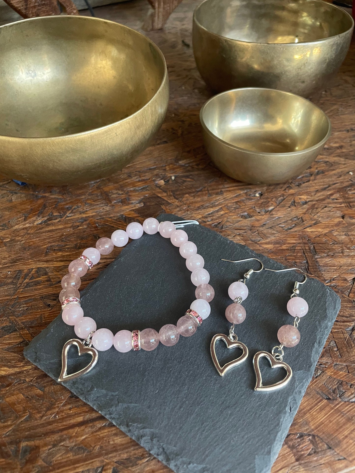 Edelstein Rosenquarz und Erdbeerquarz Armband mit Herz