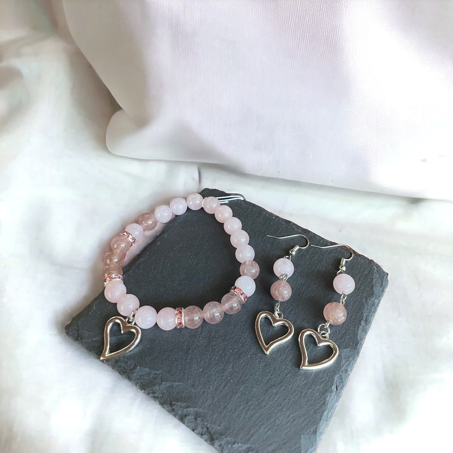Edelstein Rosenquarz und Erdbeerquarz Armband mit Herz