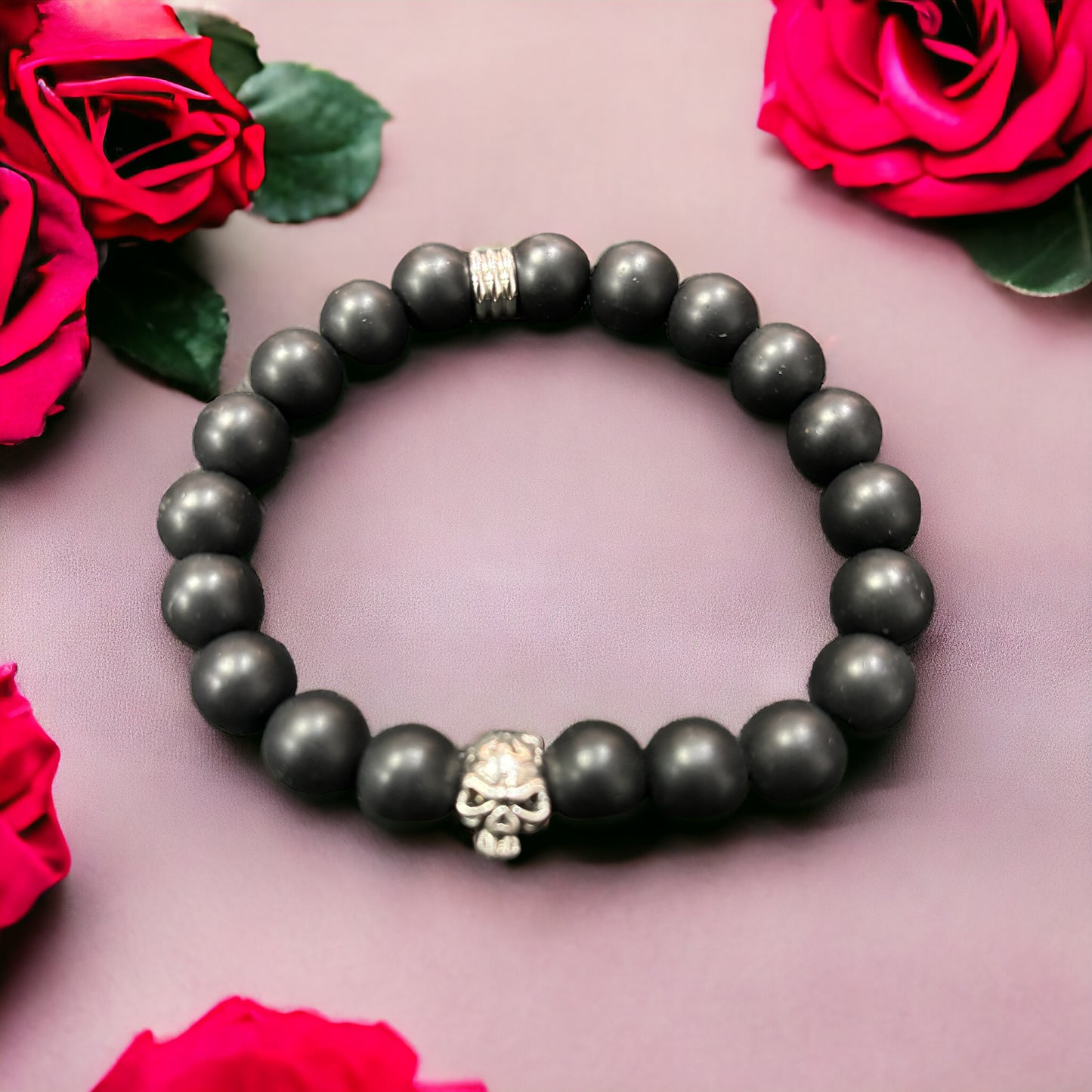 Edelstein Onyx Armband matt mit Skull