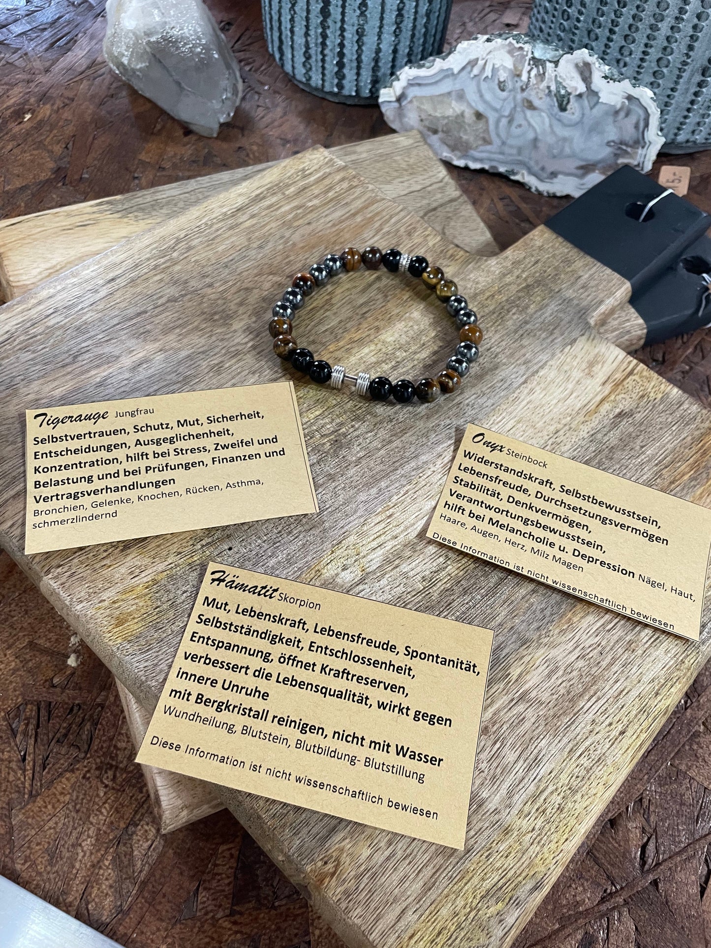 Edelstein Tigerauge, Onyx und Hämatit Armband mit Hantel for Men and Women