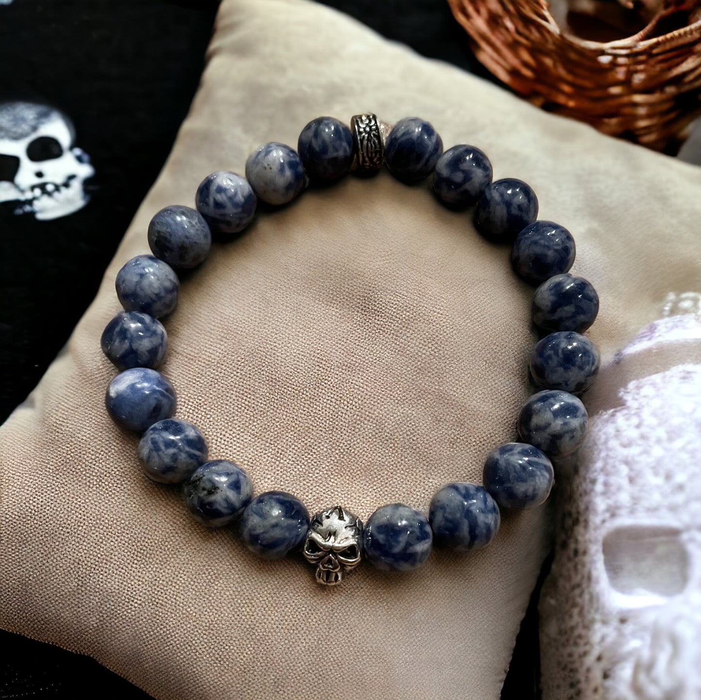 Edelstein Sodalit Armband mit Skull for Men