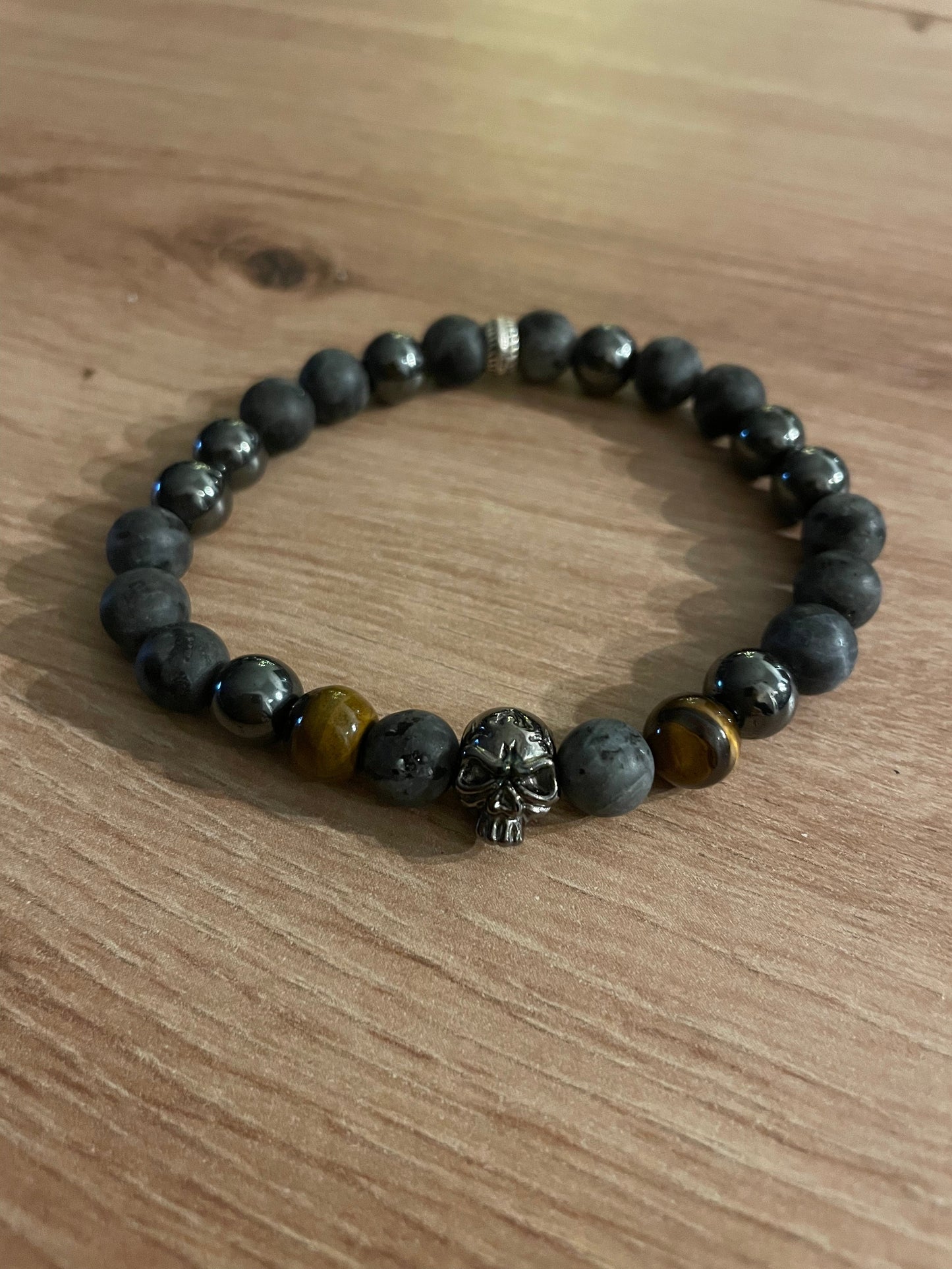Edelstein Labradorit, Hämatit, Tigerauge Armband mit Skull, for Men