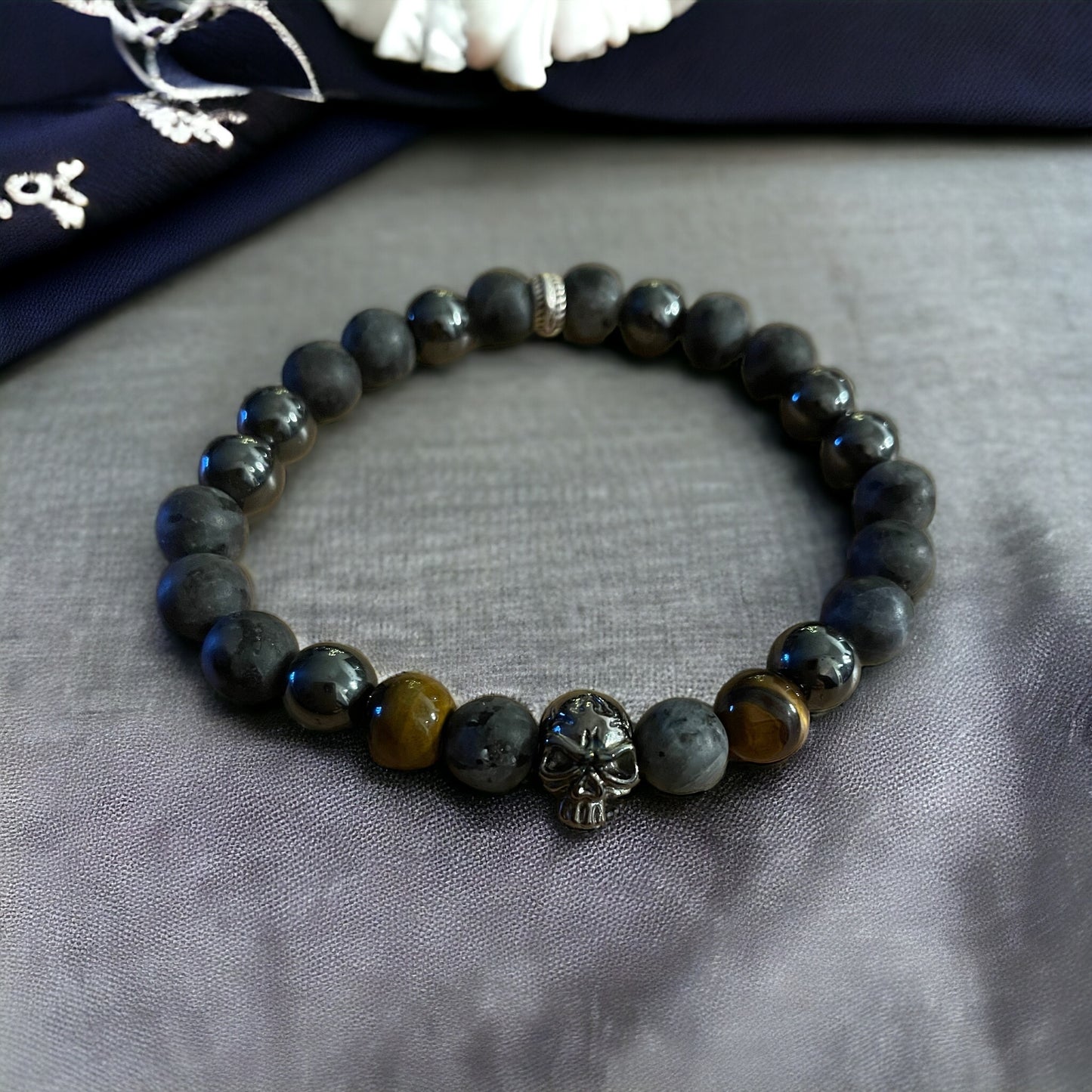 Edelstein Labradorit, Hämatit, Tigerauge Armband mit Skull, for Men