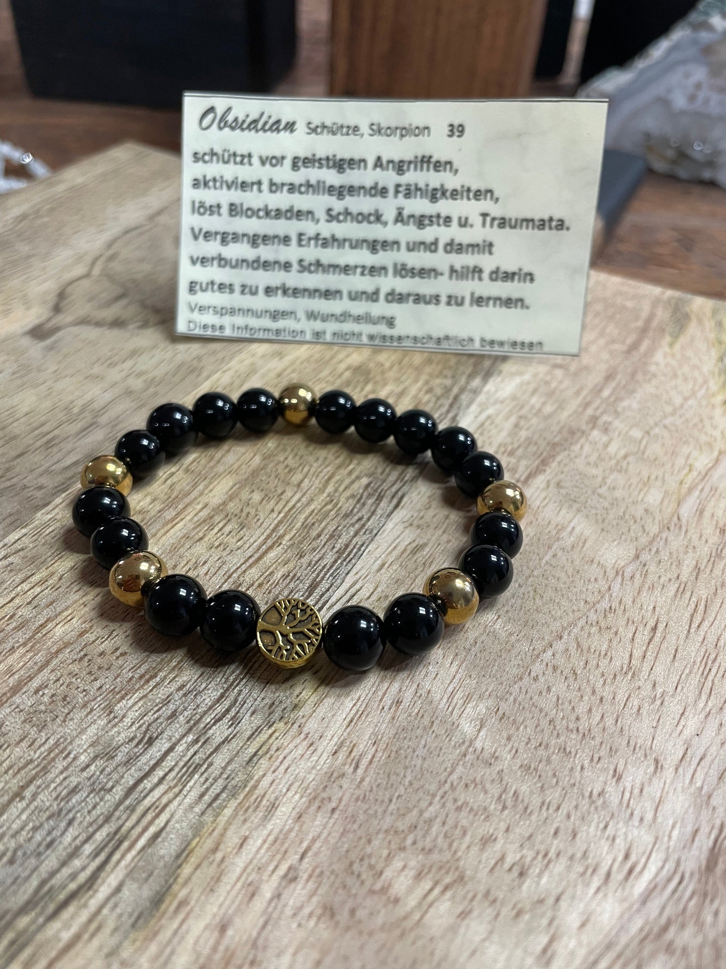Edelstein Obsidian Armband mit Baum des Lebens, Silber- oder goldfarben