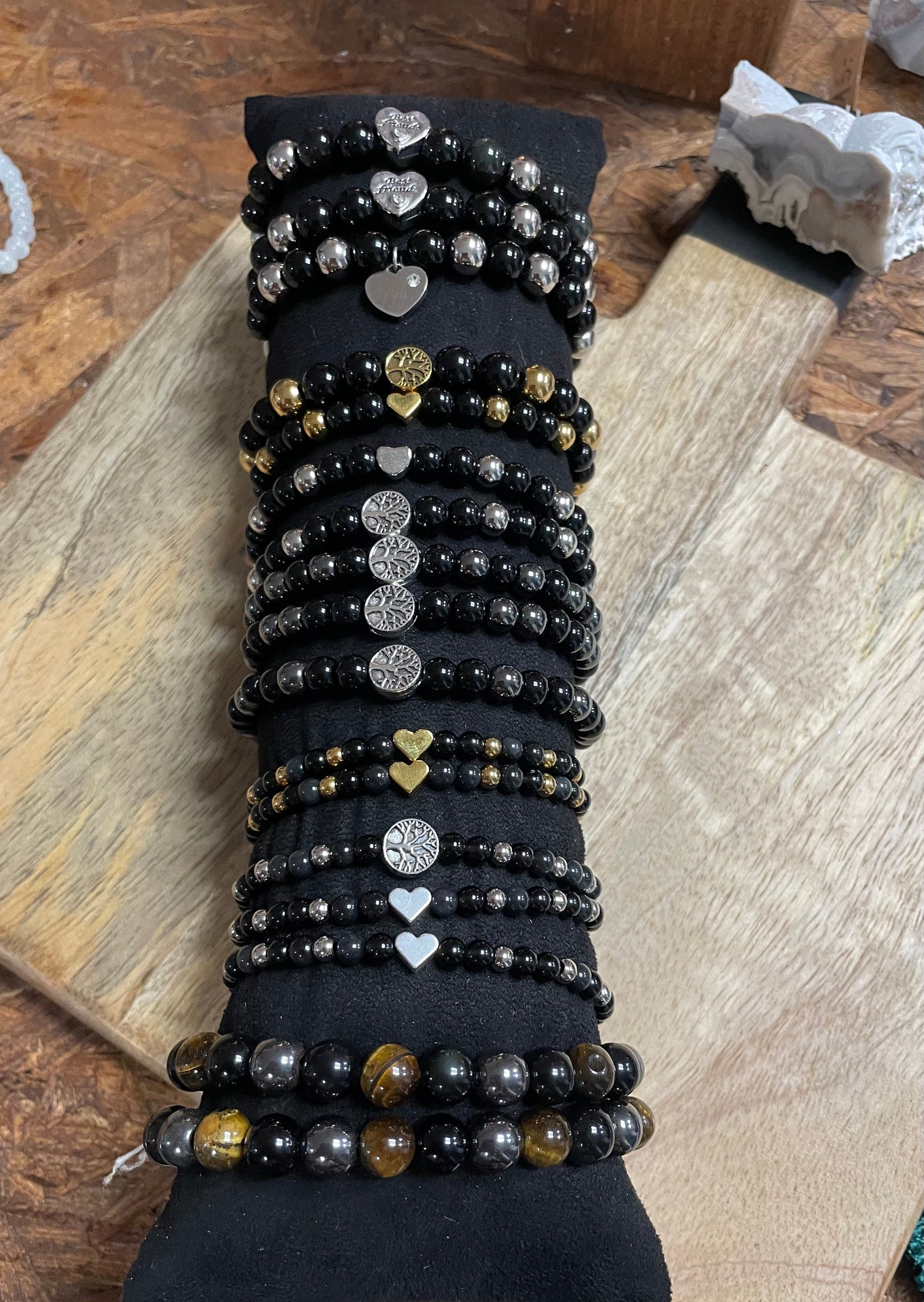 Edelstein Obsidian Armband mit Baum des Lebens, Silber- oder goldfarben