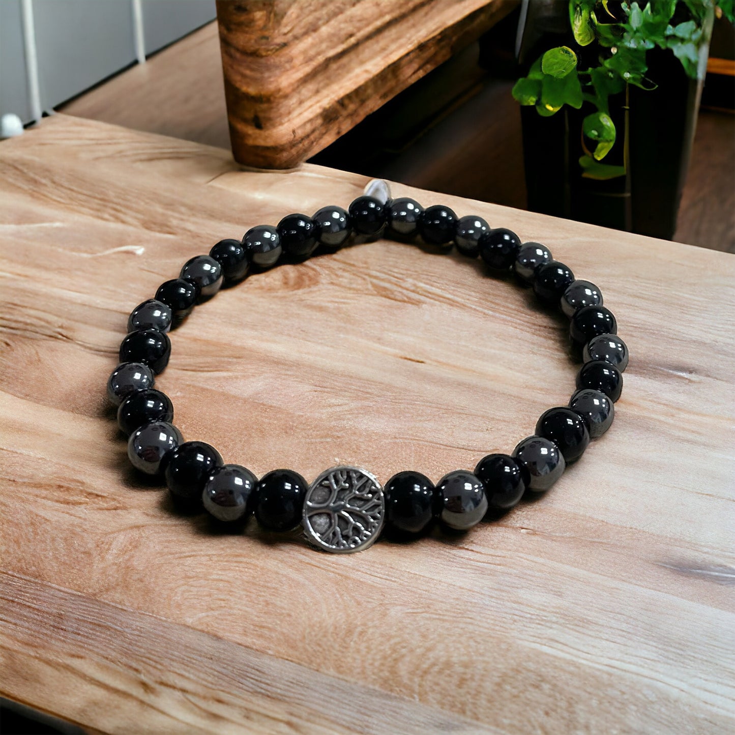 Edelstein Obsidian Armband mit Baum des Lebens, Silber- oder goldfarben