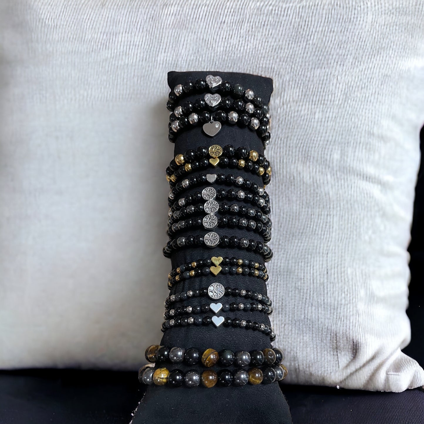 Edelstein Obsidian Armband mit Baum des Lebens, Silber- oder goldfarben