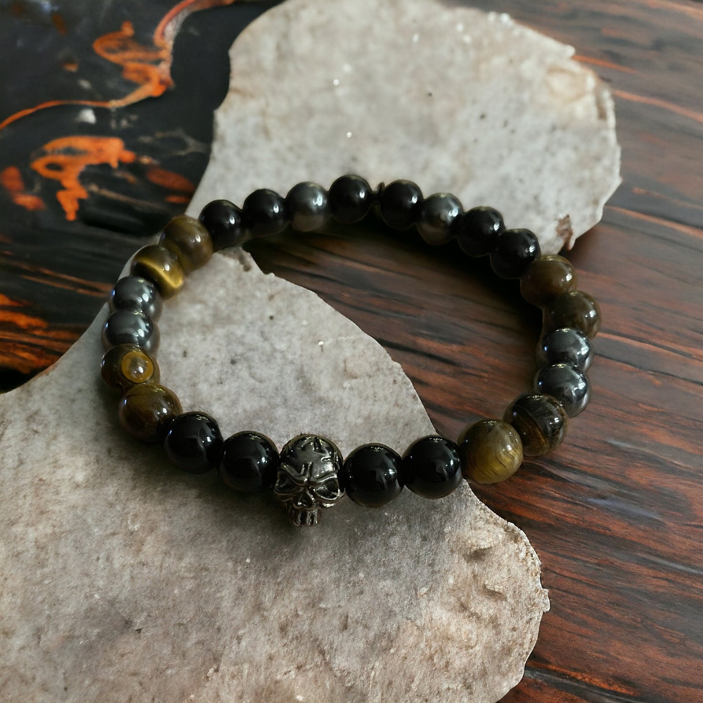 Edelstein Obsidian, Hämatit, Tigerauge Armband mit Skull, for Men