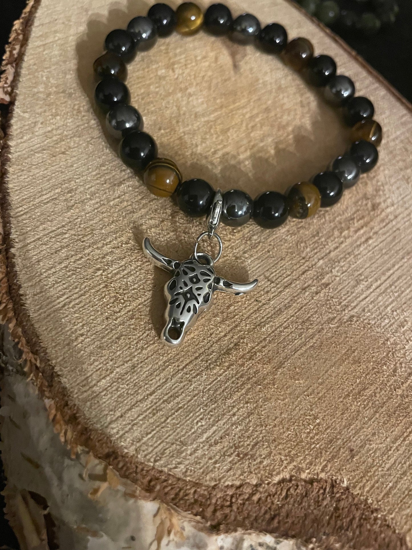 Edelstein Obsidian, Hämatit, Tigerauge Armband mit Büffelkopf