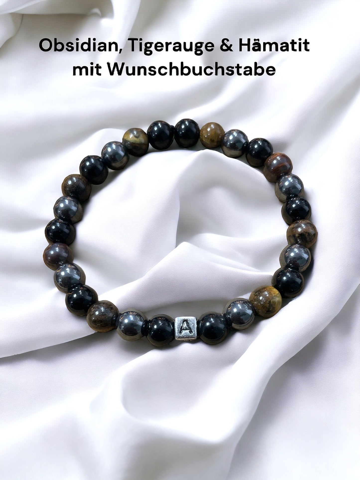Edelstein Obsidian, Tigerauge, Hämatit mit Wunschbuchstabe