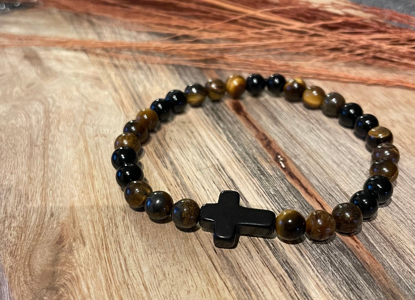 Edelstein Onyx / Tigerauge Armband mit Kreuz