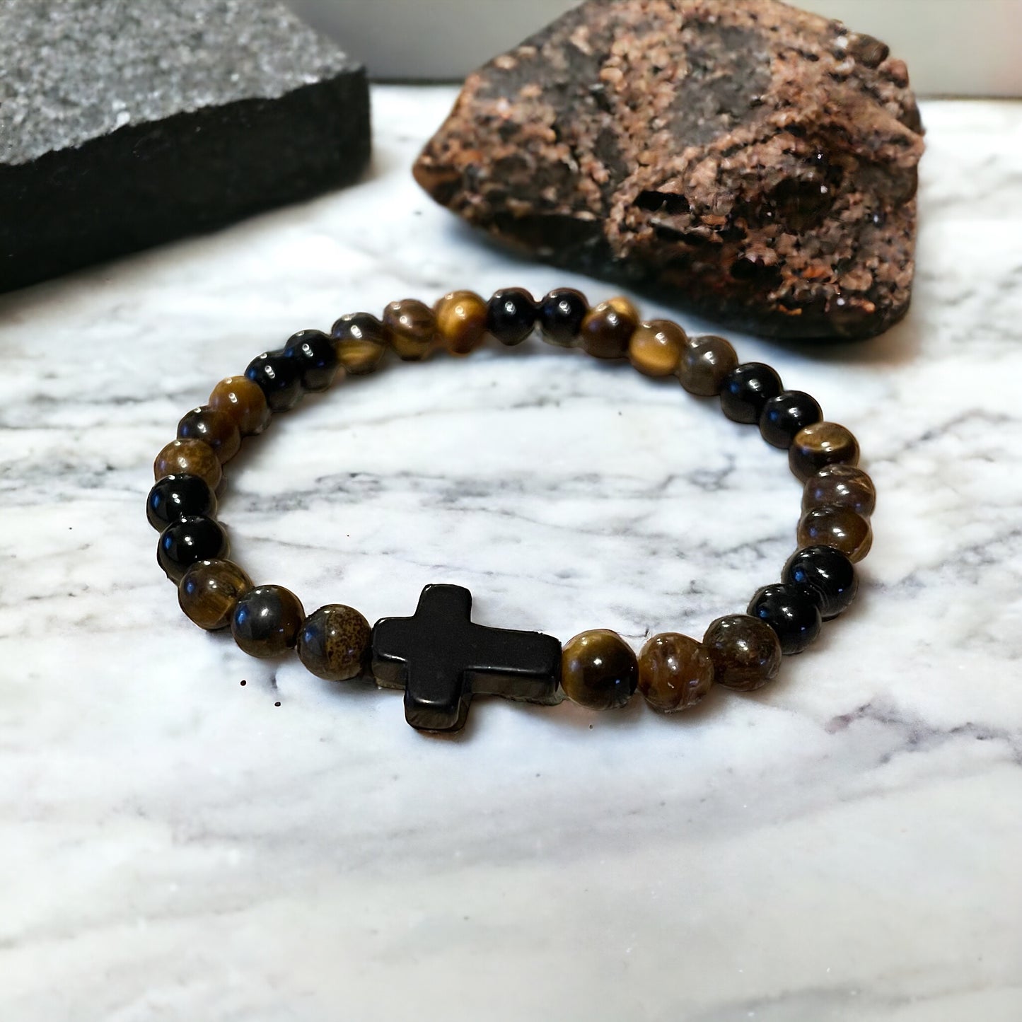 Edelstein Onyx / Tigerauge Armband mit Kreuz
