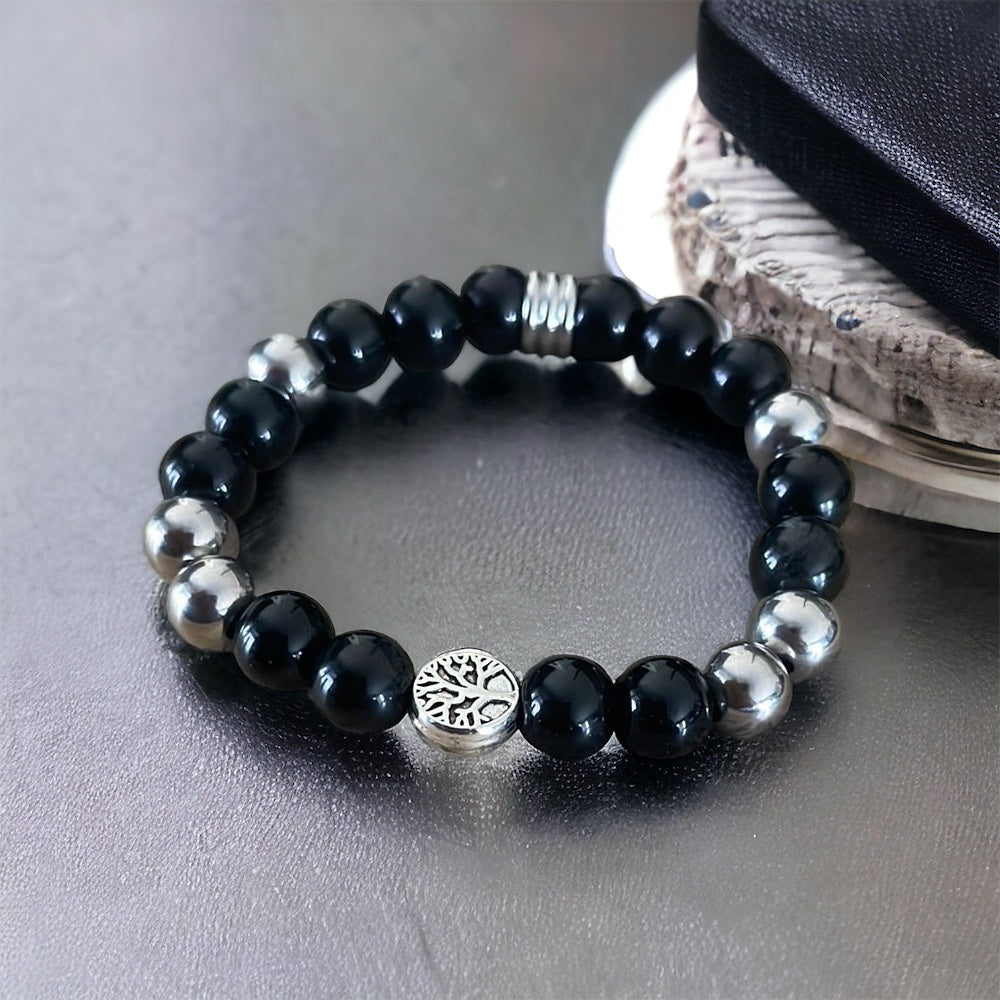 Edelstein Onyx Armband mit Edelstahl Perlen und Baum des Lebens