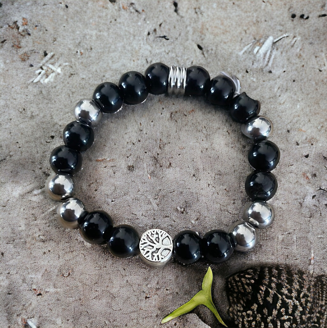 Edelstein Onyx Armband mit Edelstahl Perlen und Baum des Lebens