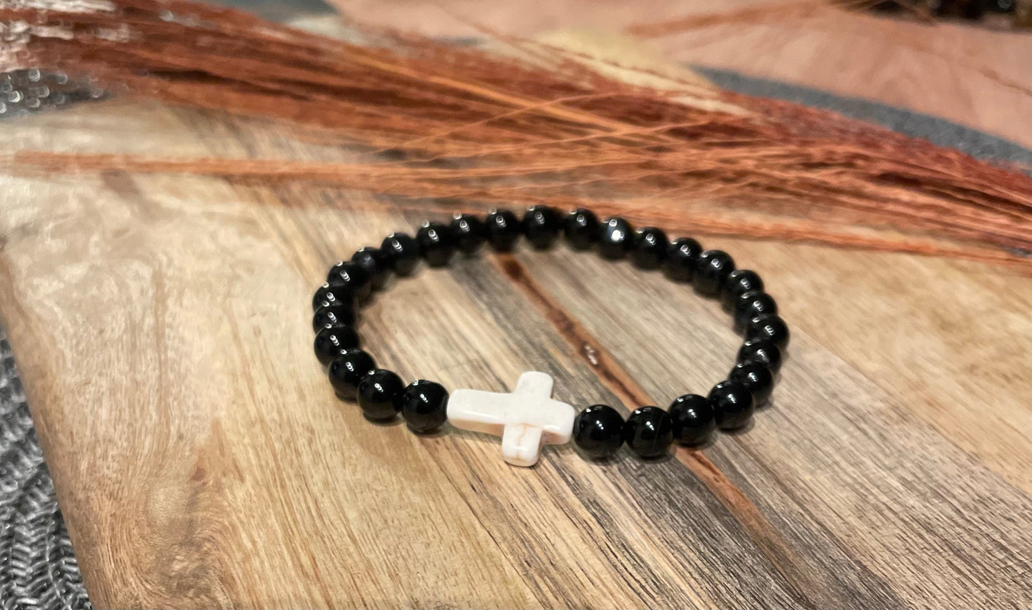 Edelstein Onyx Armband mit Kreuz 6 mm Perlen