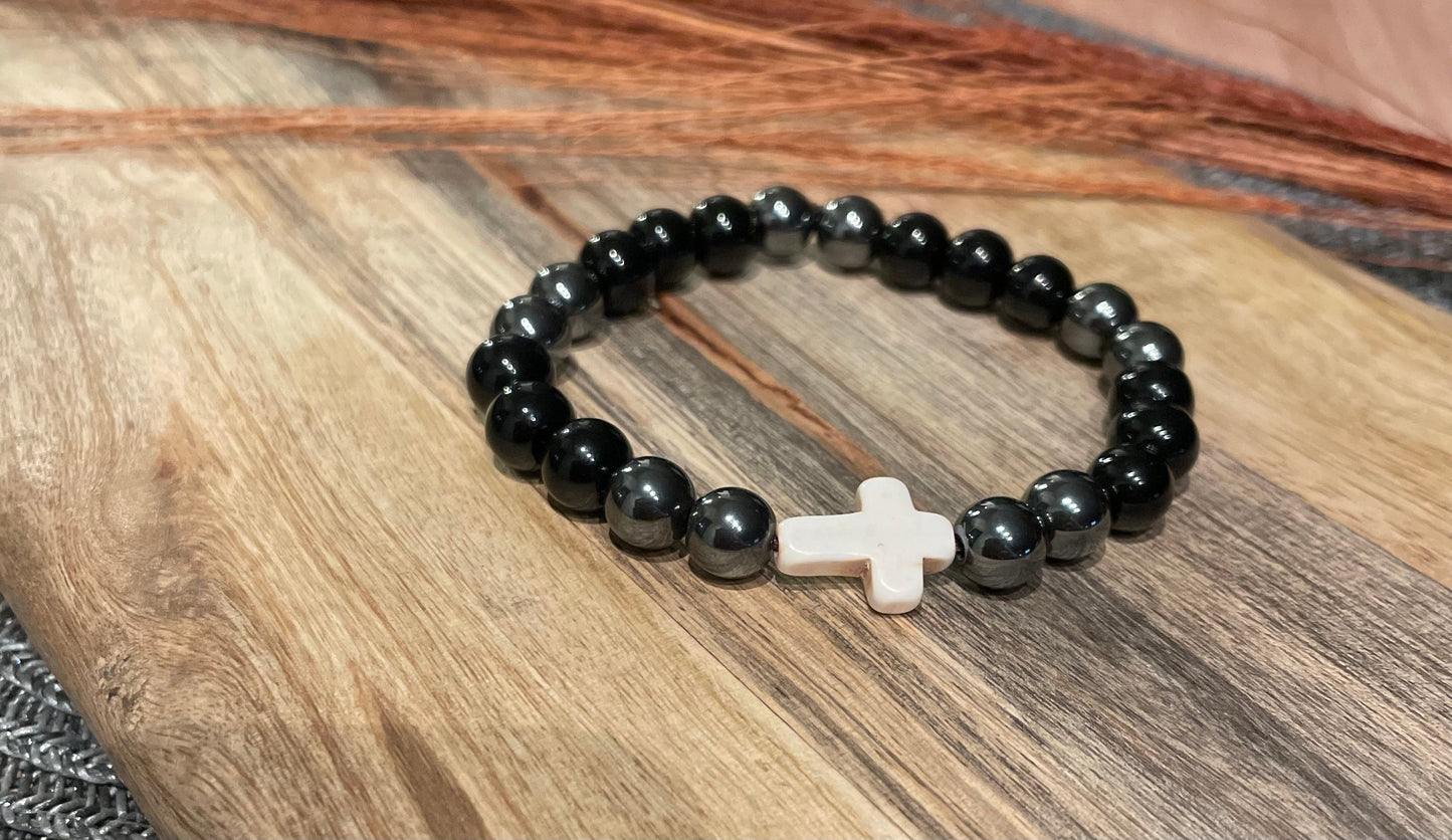 Edelstein Onyx/ Hämatit Armband mit Kreuz