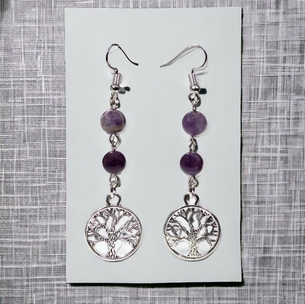 Ohrringe Fluorit/Amethyst mit Baum des Lebens