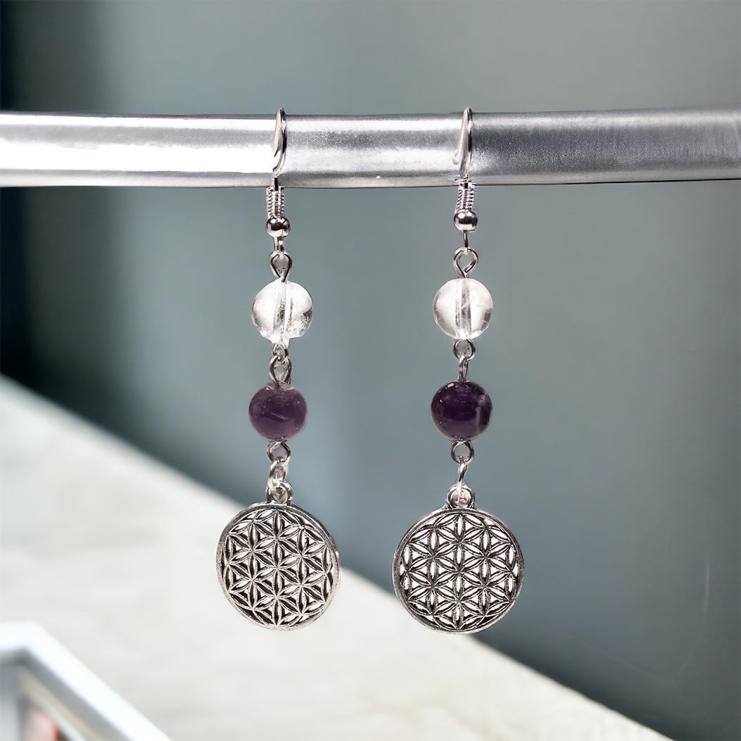 Ohrringe Bergkristall/Amethyst und Blume des Lebens