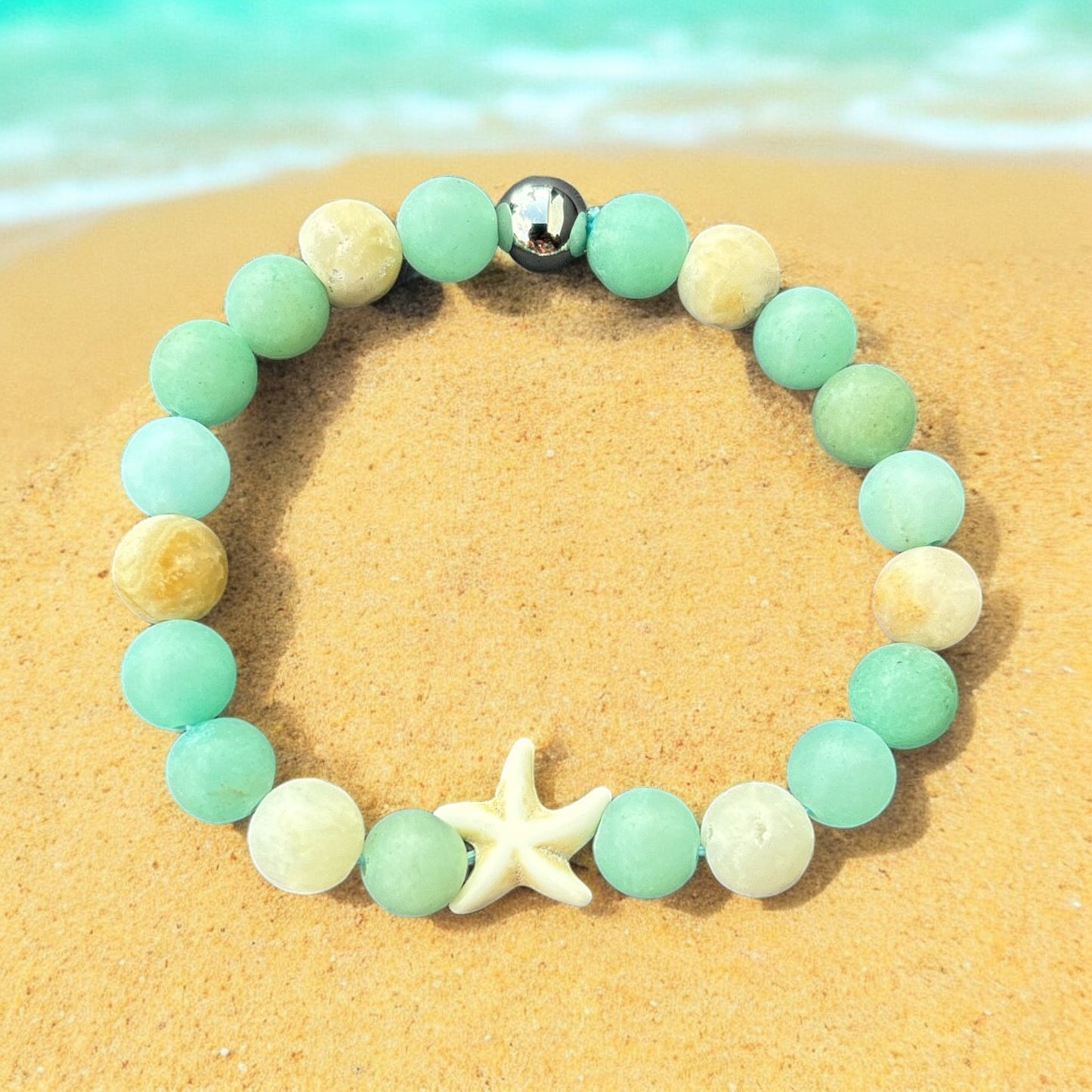 Edelstein Amazonit Armband mit Seestern, optional als Set mit Ohrringe