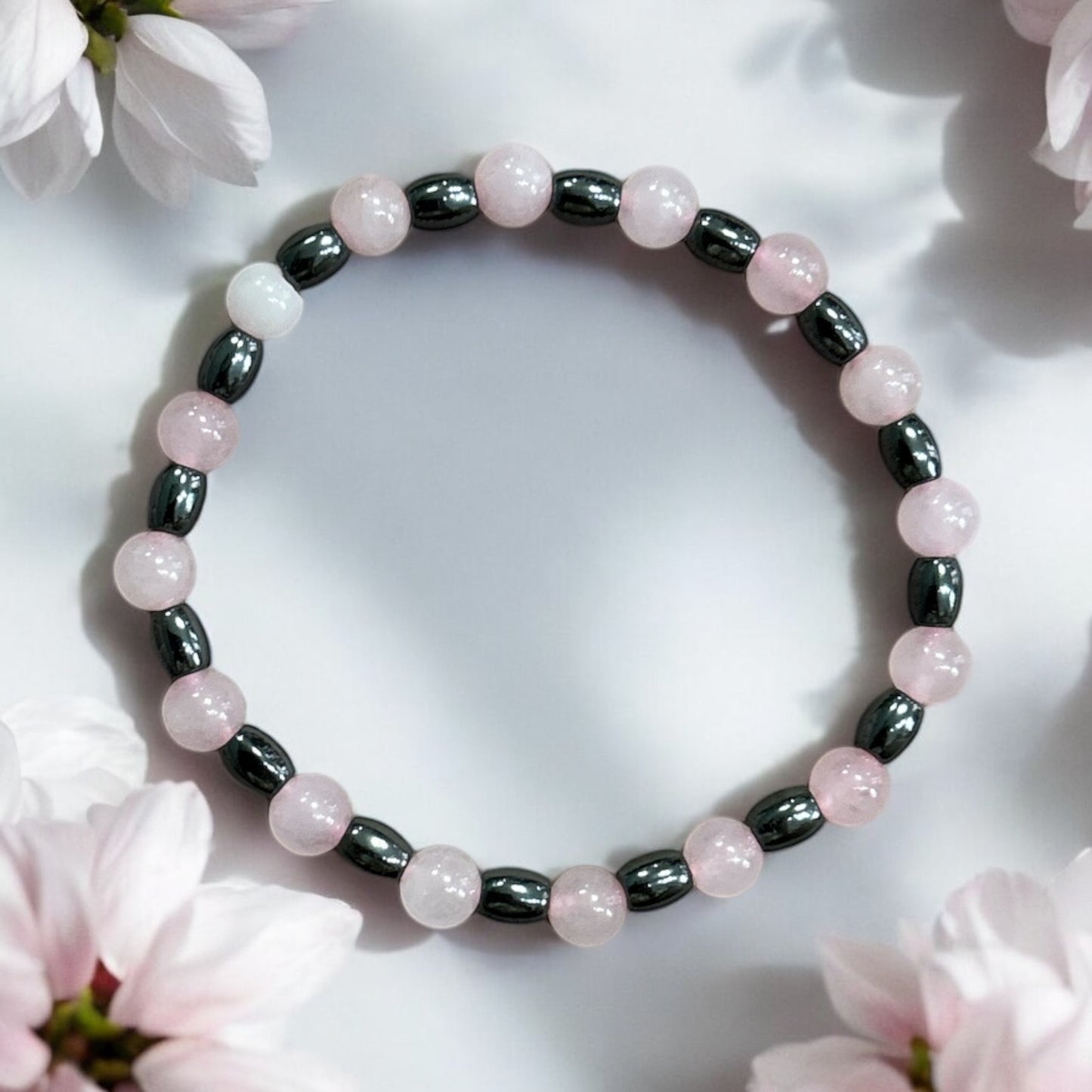 Edelstein Rosenquarz / Hämatit Armband mit Ohrringe oder einzeln