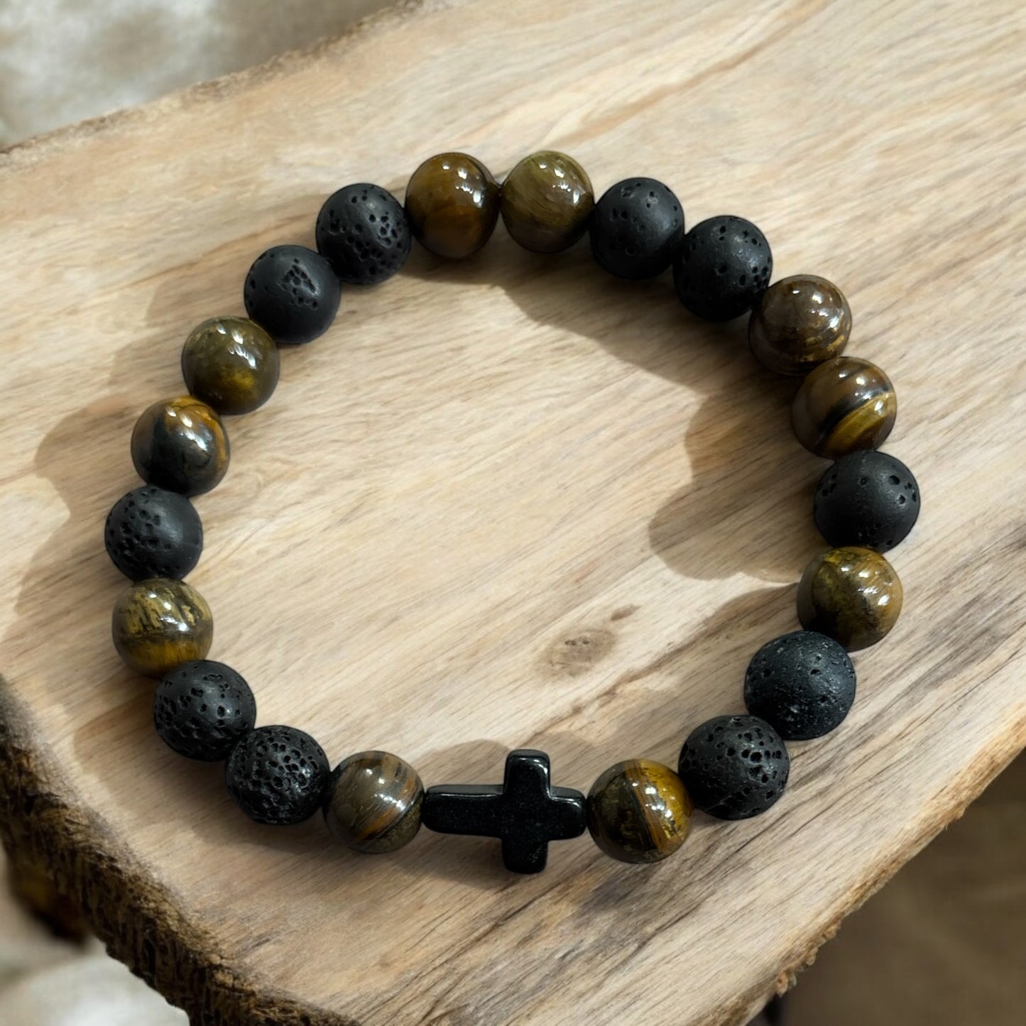 Edelstein Armband Tigerauge / Lavastein mit Kreuz