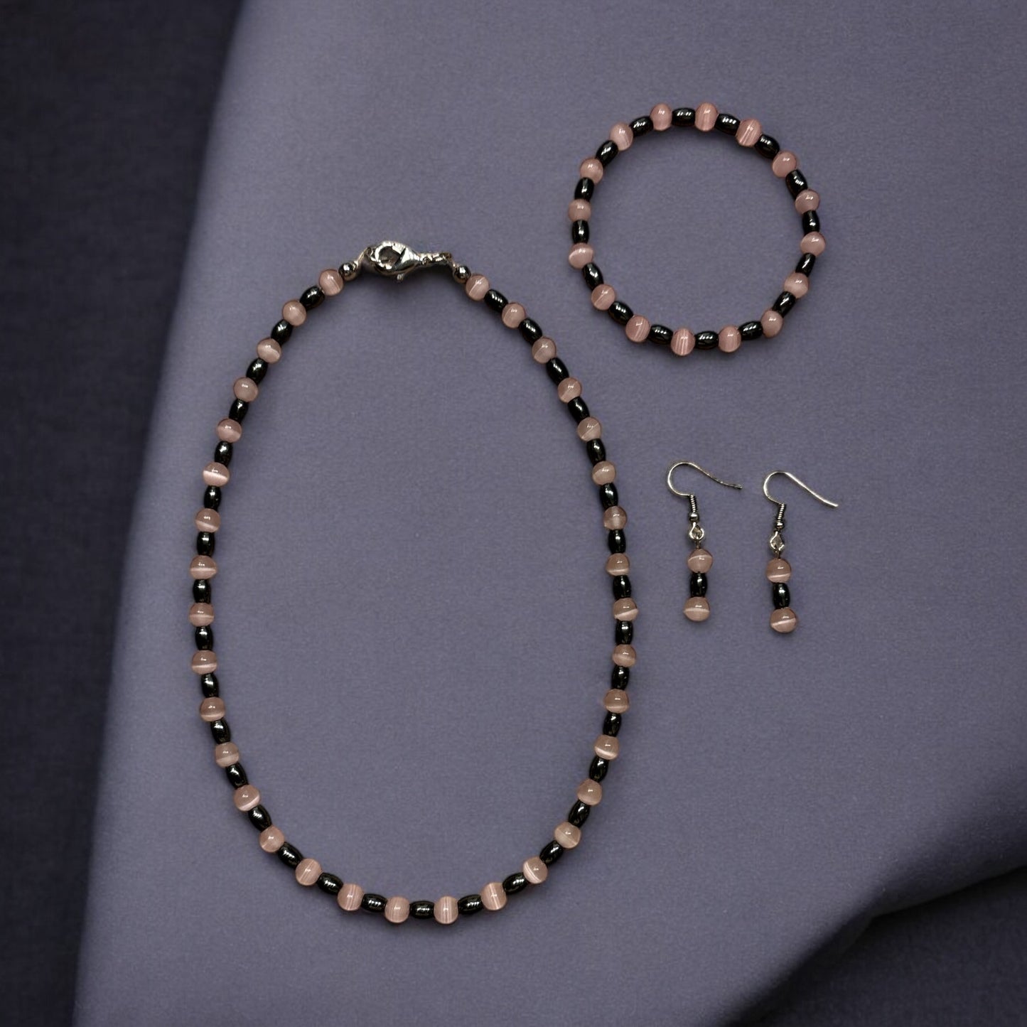 Edelstein Katzenauge rosa & Hämatit Set